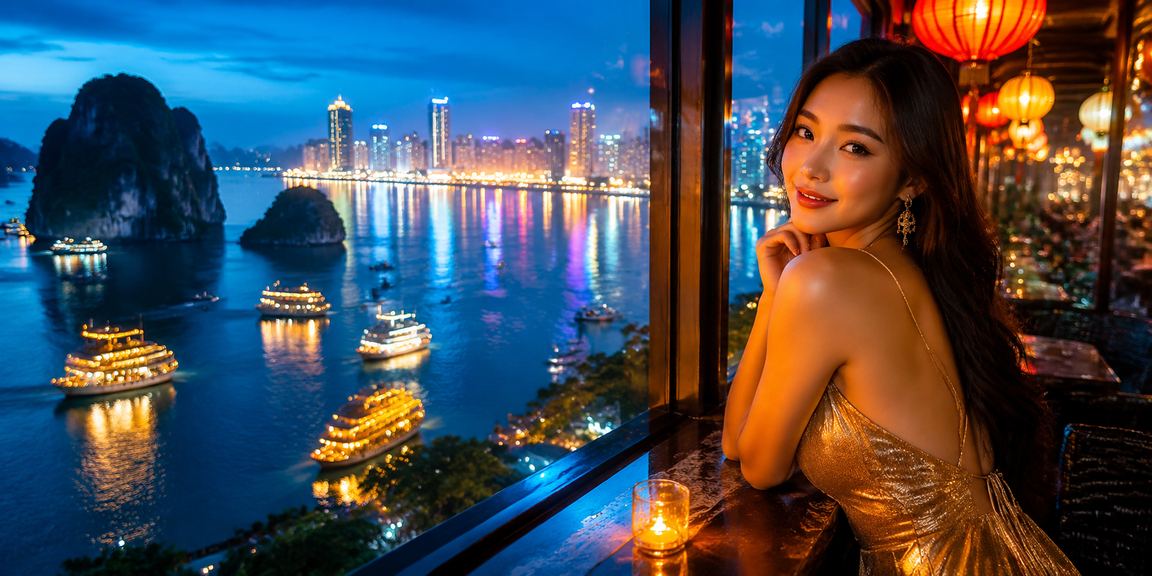 Người dùng Việt Nam thưởng thức cà phê bên laptop chơi slot game tại vịnh Hạ Long